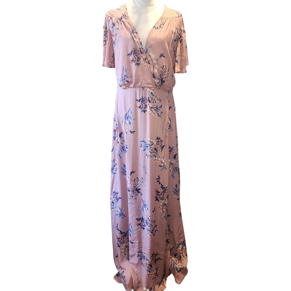 Lulus Mauve Pink Floral Maxi Dress Short Sleeve V-Neck Wedding Guest Size L